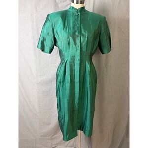 Vintage Thai Silk Emerald Green Dress Handwoven Pianthusol Structured Midi 6–8